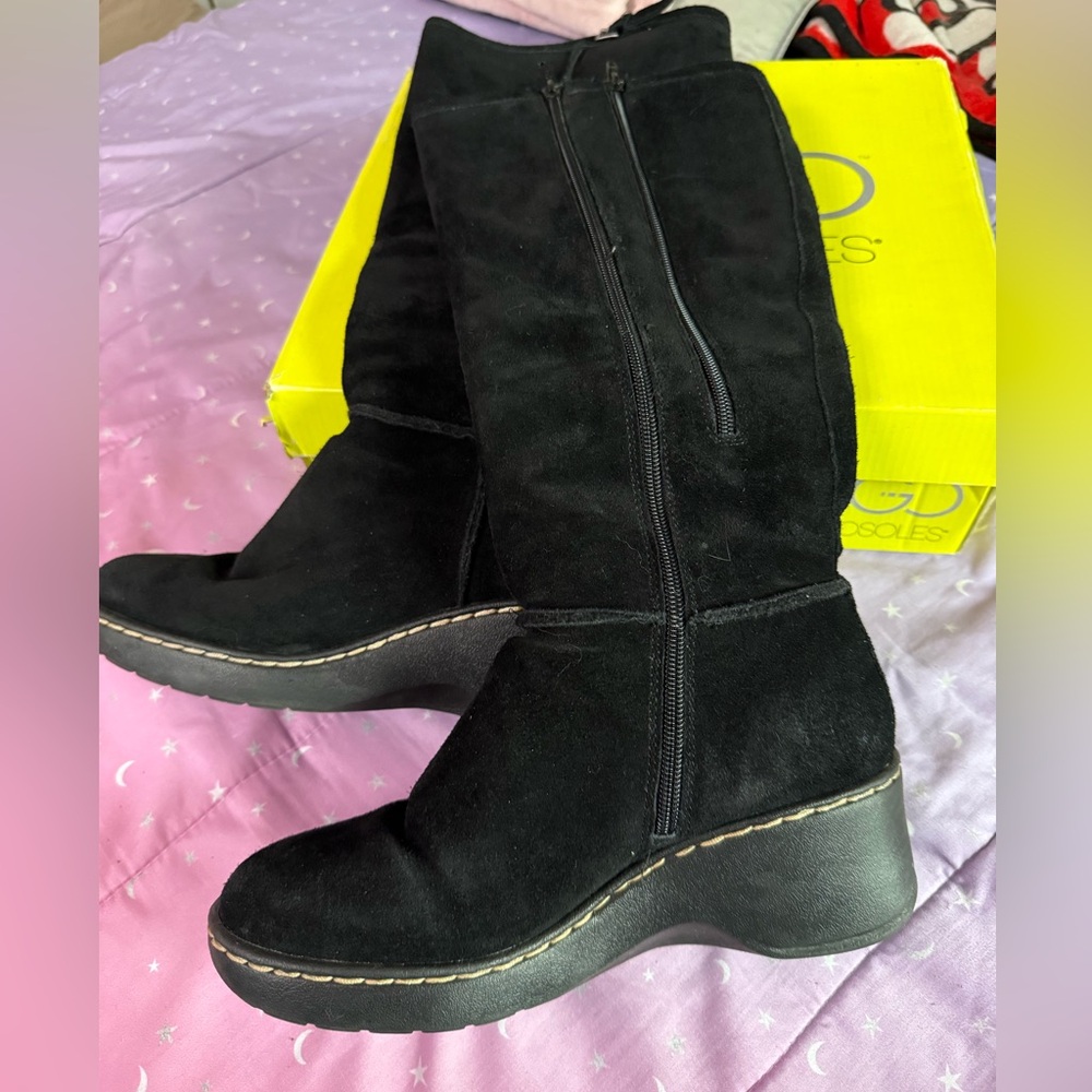 Aerosoles 2015 Front Kick tall black suede leather wedge heel boot.